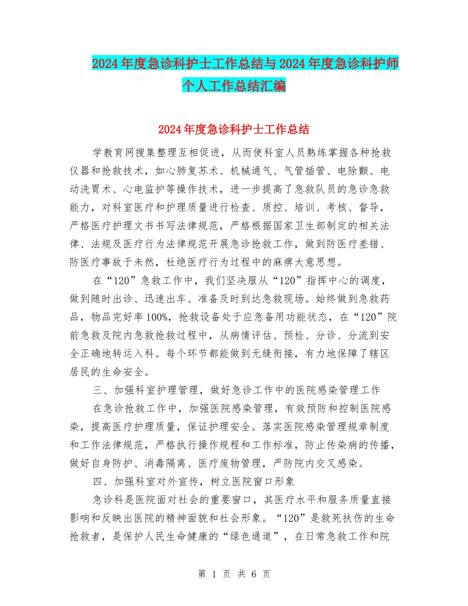 2024年度急诊科护士工作总结与2024年度急诊科护师个人工作总结汇编_第1页