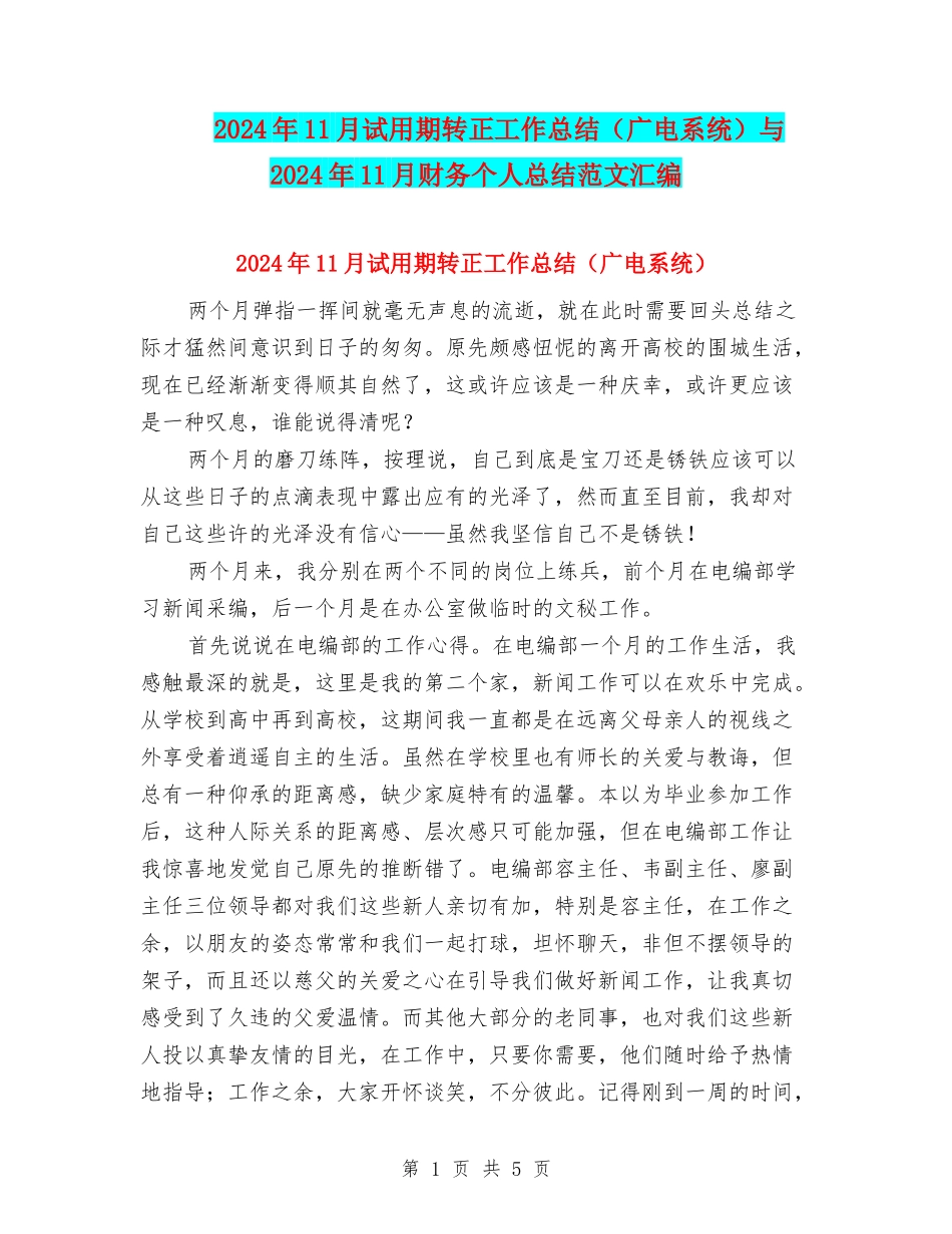2024年11月试用期转正工作总结与2024年11月财务个人总结范文汇编_第1页