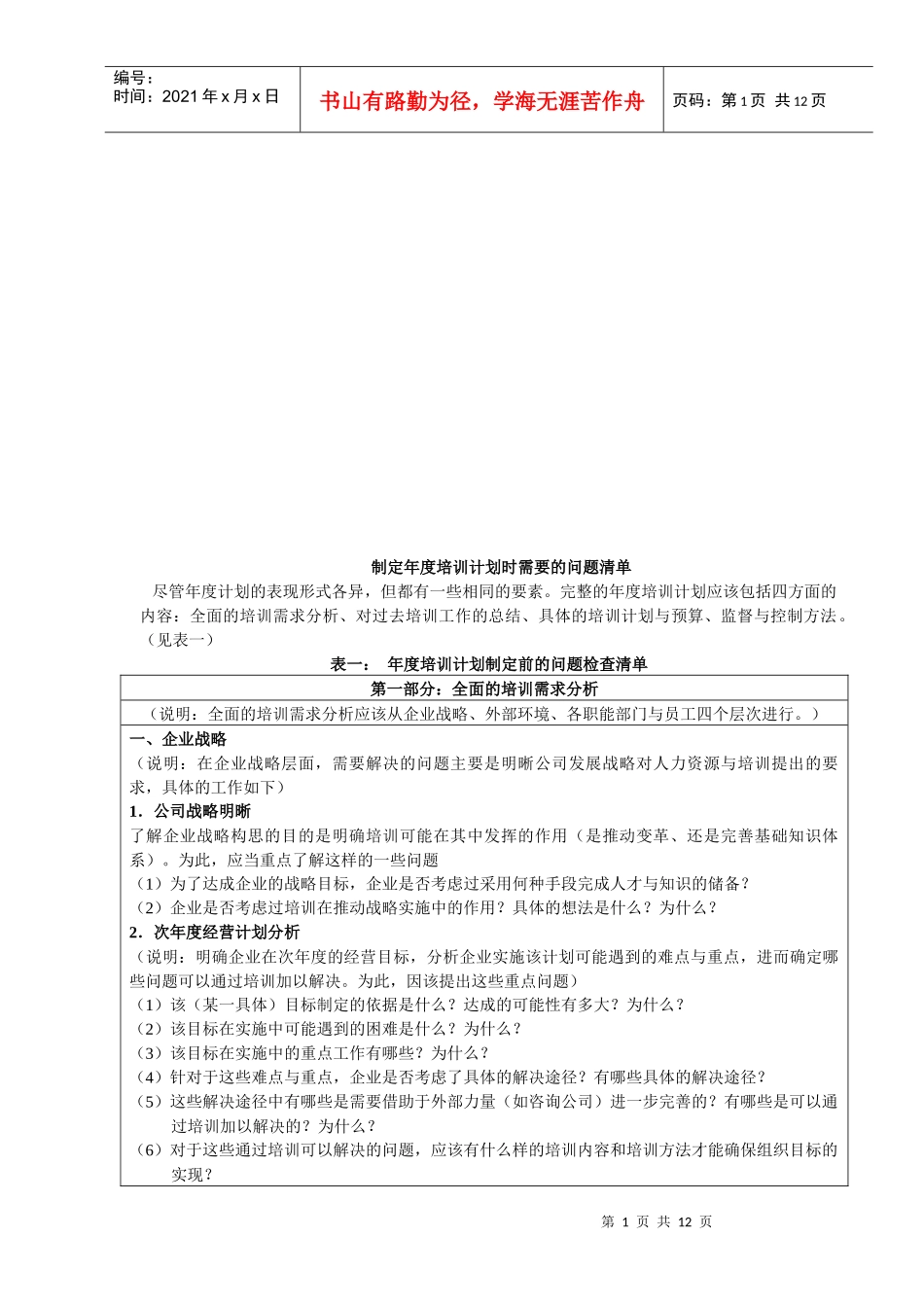 试谈制定年度培训计划时需要的问题清单_第1页