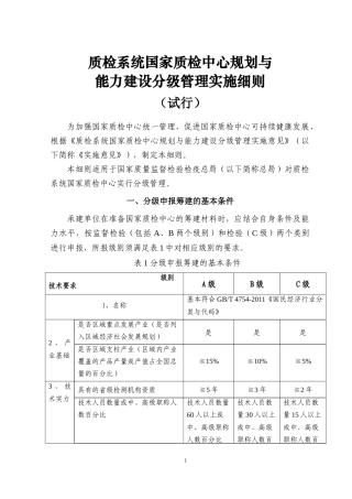 质检系统国家质检中心规划与能力建设分级管理实施细则(