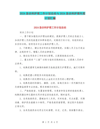 2024急诊科护理工作计划总结与2024急诊科护理年度计划汇编
