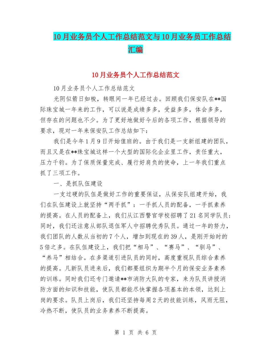 10月业务员个人工作总结范文与10月业务员工作总结汇编_第1页