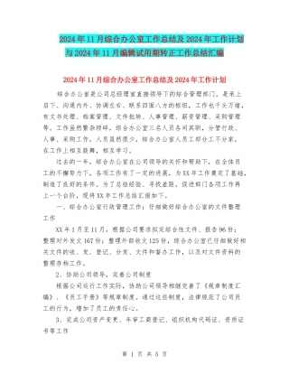 2024年11月综合办公室工作总结及2024年工作计划与2024年11月编辑试用期转正工作总结汇编