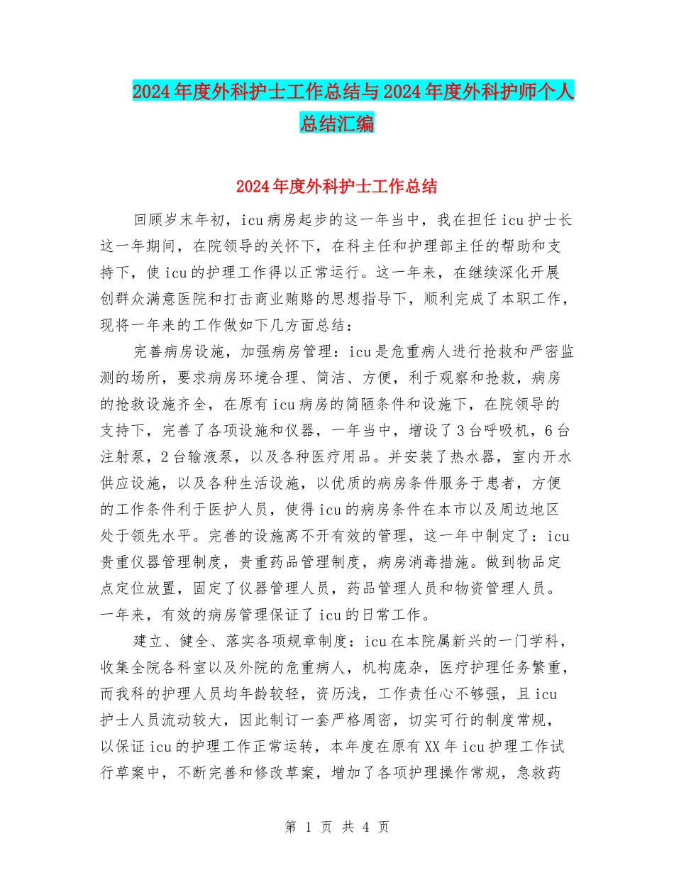 2024年度外科护士工作总结与2024年度外科护师个人总结汇编_第1页