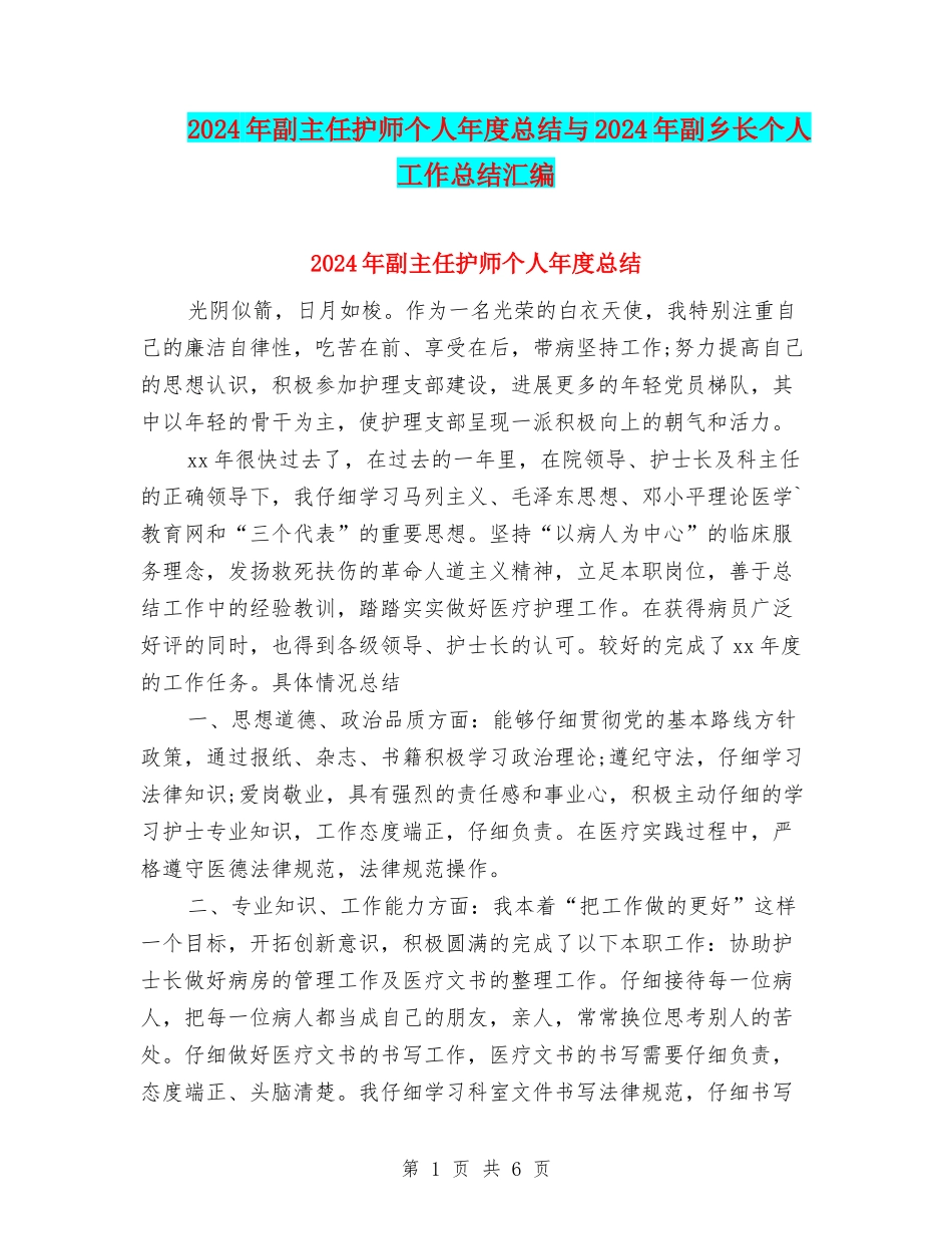 2024年副主任护师个人年度总结与2024年副乡长个人工作总结汇编_第1页