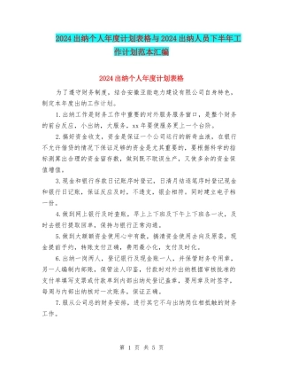 2024出纳个人年度计划表格与2024出纳人员下半年工作计划范本汇编
