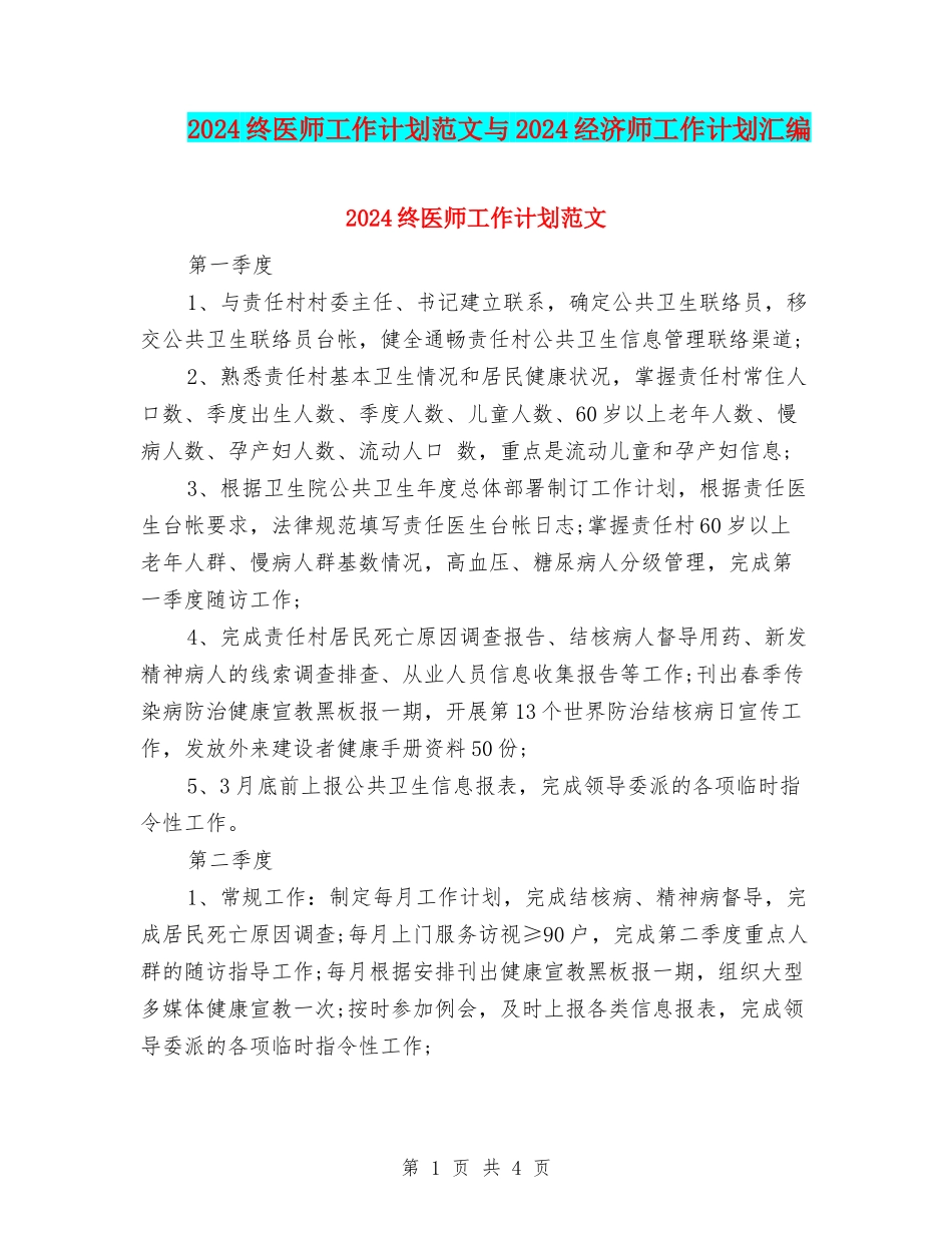 2024终医师工作计划范文与2024经济师工作计划汇编_第1页