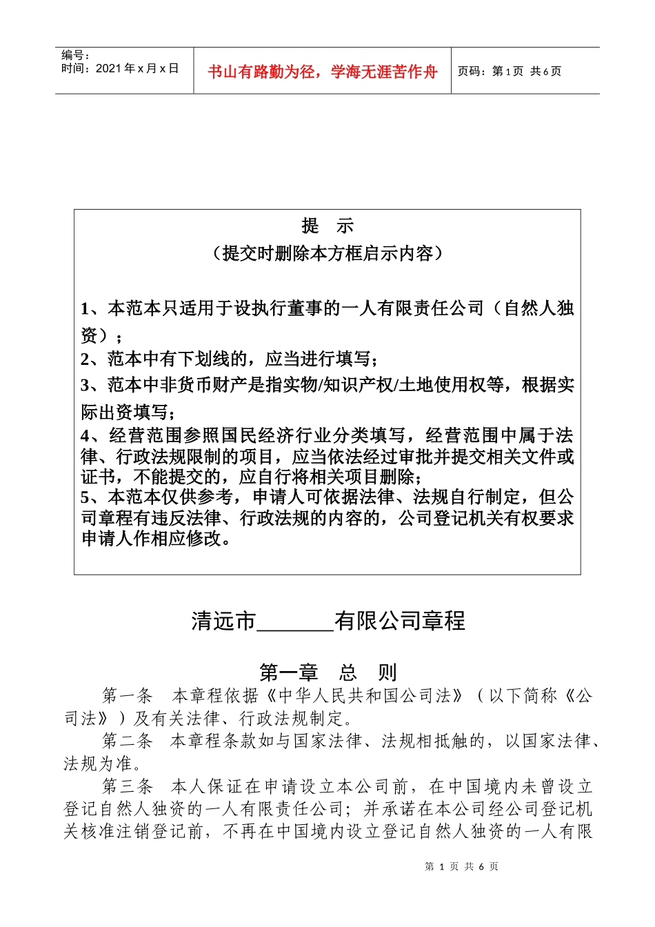 设执行董事的一人有限责任公司章程_第1页