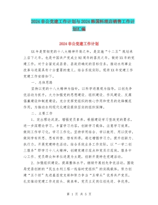 2024非公党建工作计划与2024韩国料理店销售工作计划汇编