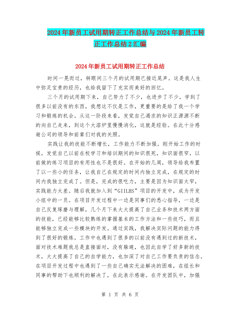 2024年新员工试用期转正工作总结与2024年新员工转正工作总结2汇编_第1页