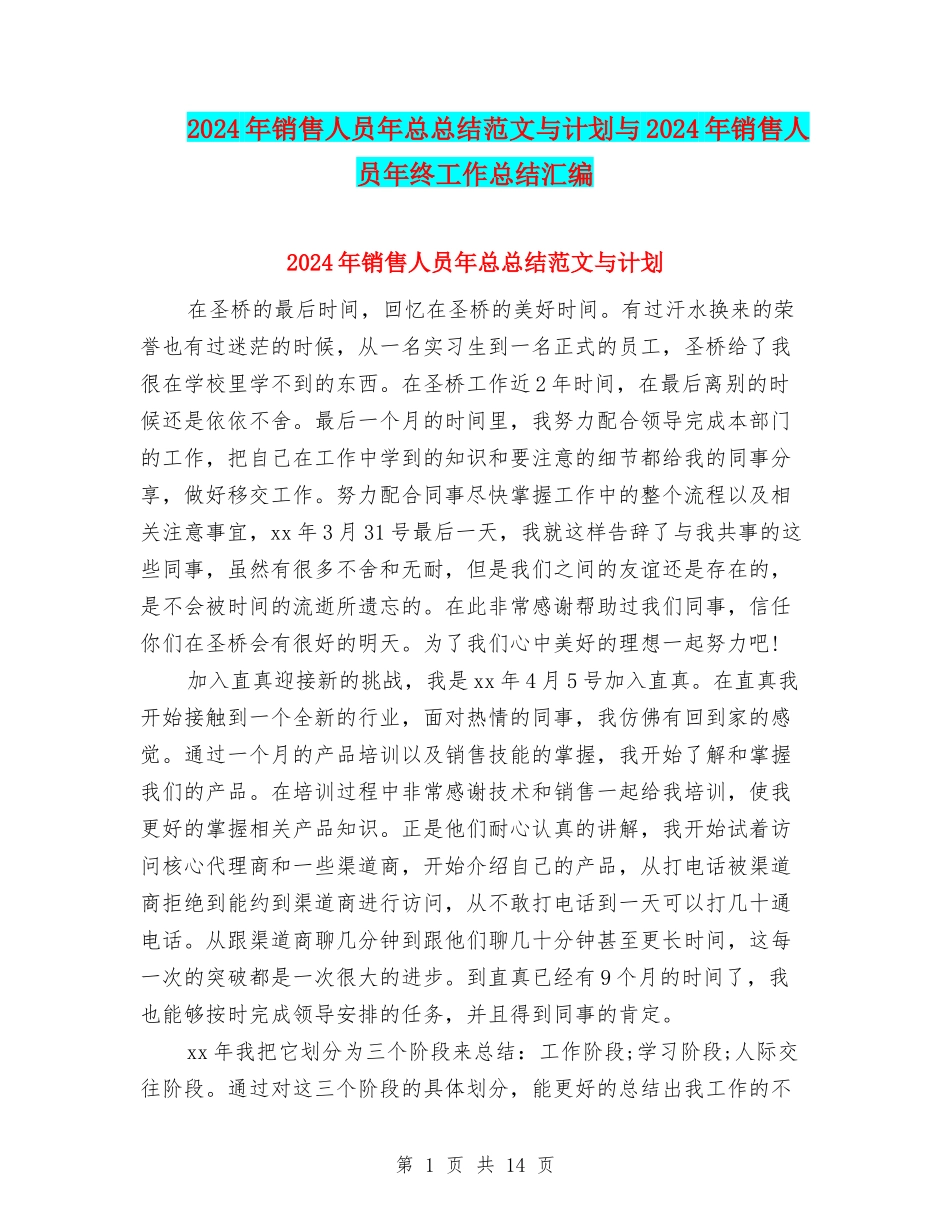2024年销售人员年总总结范文与计划与2024年销售人员年终工作总结汇编_第1页
