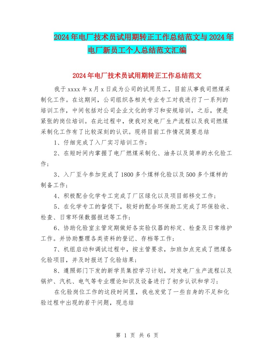 2024年电厂技术员试用期转正工作总结范文与2024年电厂新员工个人总结范文汇编_第1页