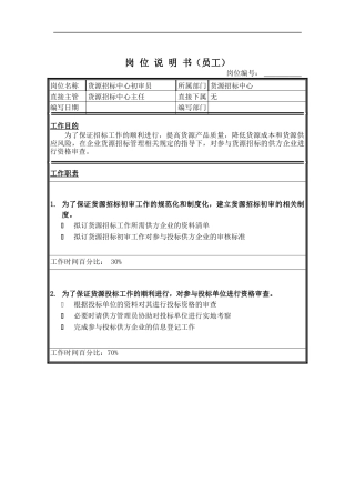 货源招标中心初审员岗位说明书