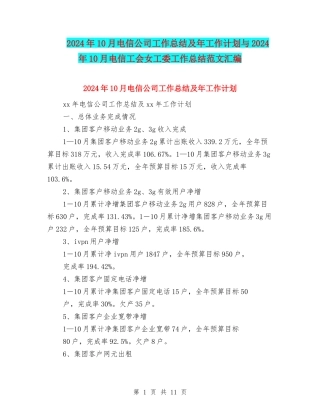 2024年10月电信公司工作总结及年工作计划与2024年10月电信工会女工委工作总结范文汇编