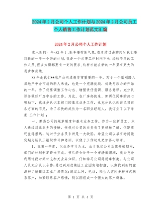 2024年2月公司个人工作计划与2024年2月公司员工个人销售工作计划范文汇编