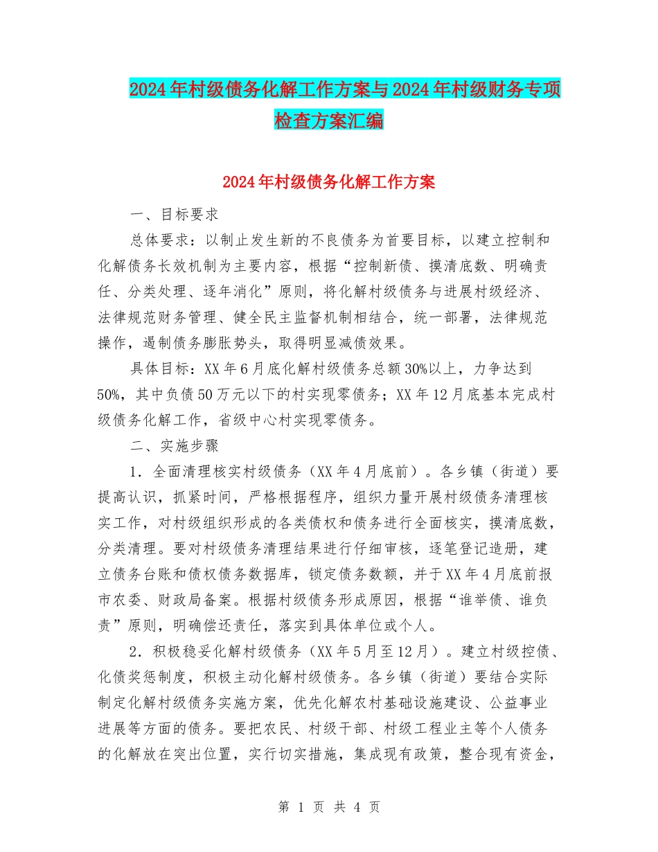 2024年村级债务化解工作方案与2024年村级财务专项检查方案汇编_第1页