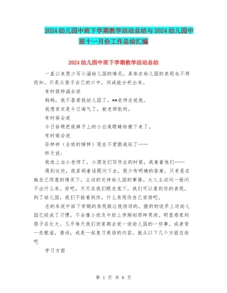2024幼儿园中班下学期教学活动总结与2024幼儿园中班十一月份工作总结汇编