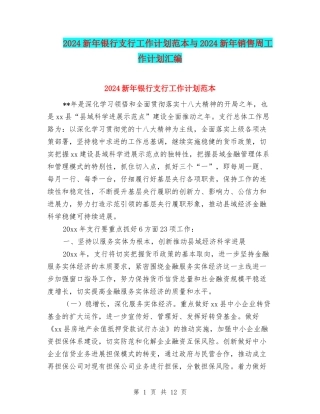2024新年银行支行工作计划范本与2024新年销售周工作计划汇编