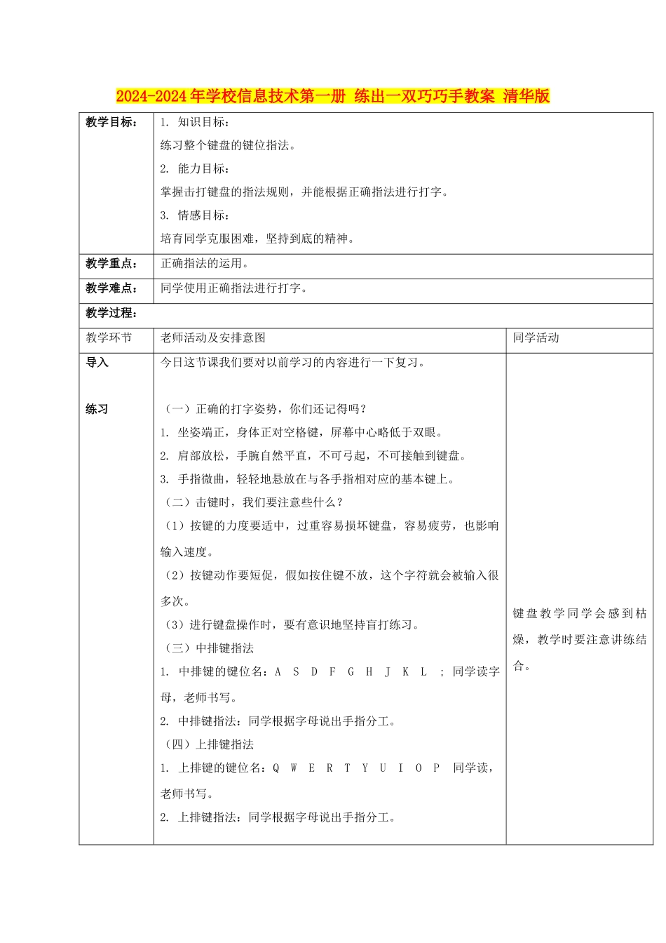 2024-2024年小学信息技术第一册-练出一双巧巧手教案-清华版_第1页