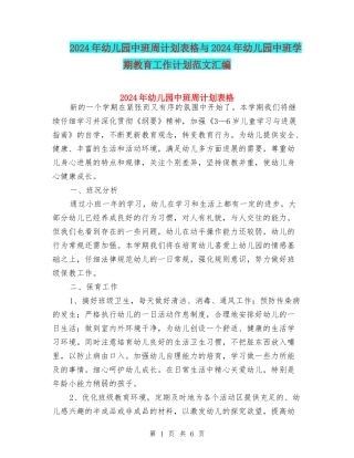 2024年幼儿园中班周计划表格与2024年幼儿园中班学期教育工作计划范文汇编