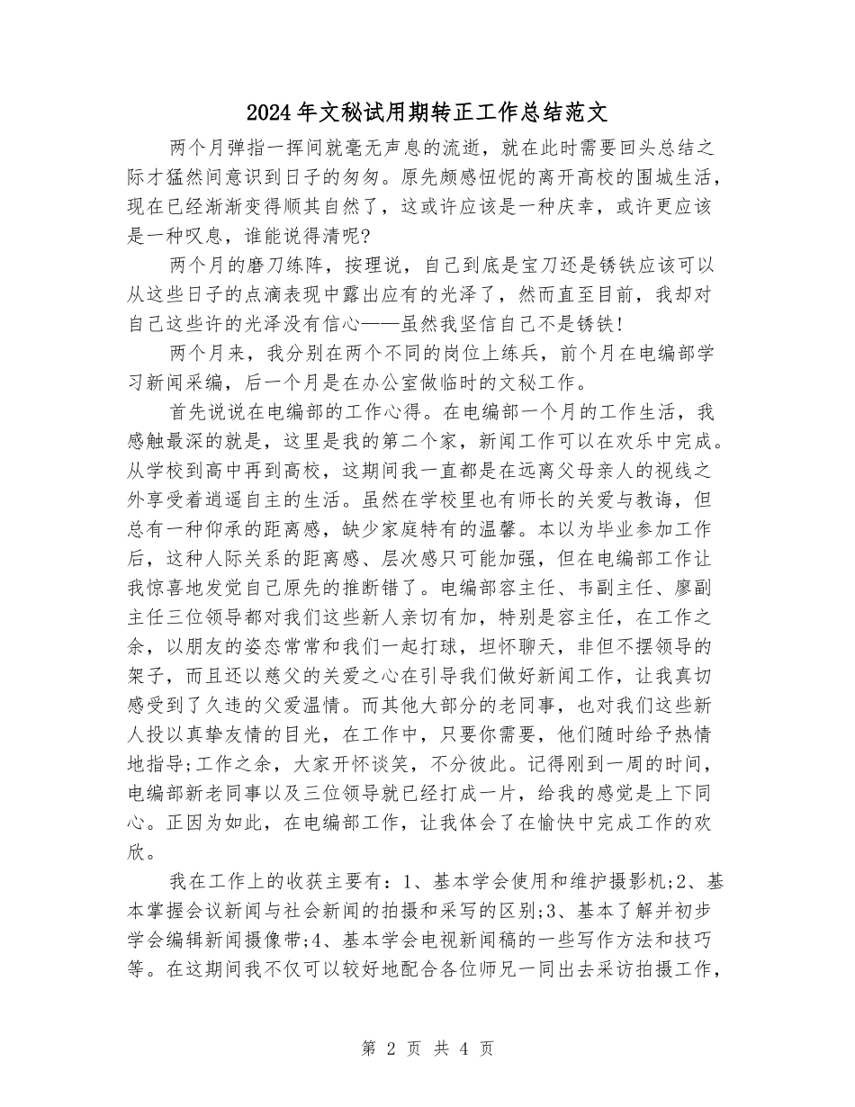 2024年文秘试用期转正工作总结范文_第2页