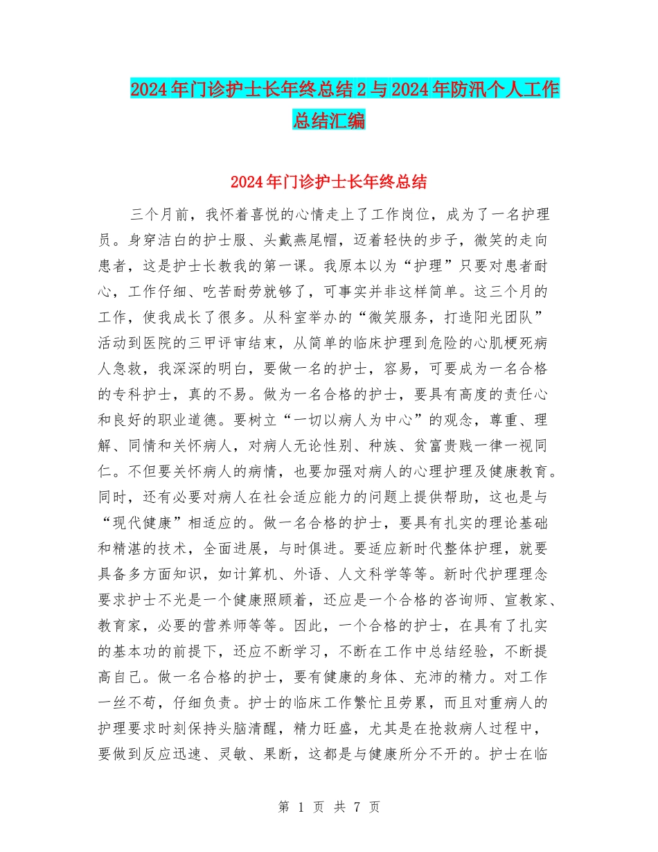 2024年门诊护士长年终总结2与2024年防汛个人工作总结汇编_第1页
