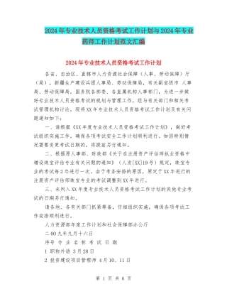 2024年专业技术人员资格考试工作计划与2024年专业药师工作计划范文汇编