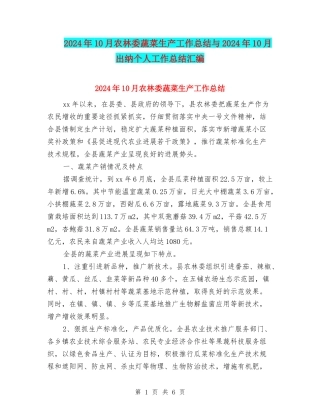 2024年10月农林委蔬菜生产工作总结与2024年10月出纳个人工作总结汇编