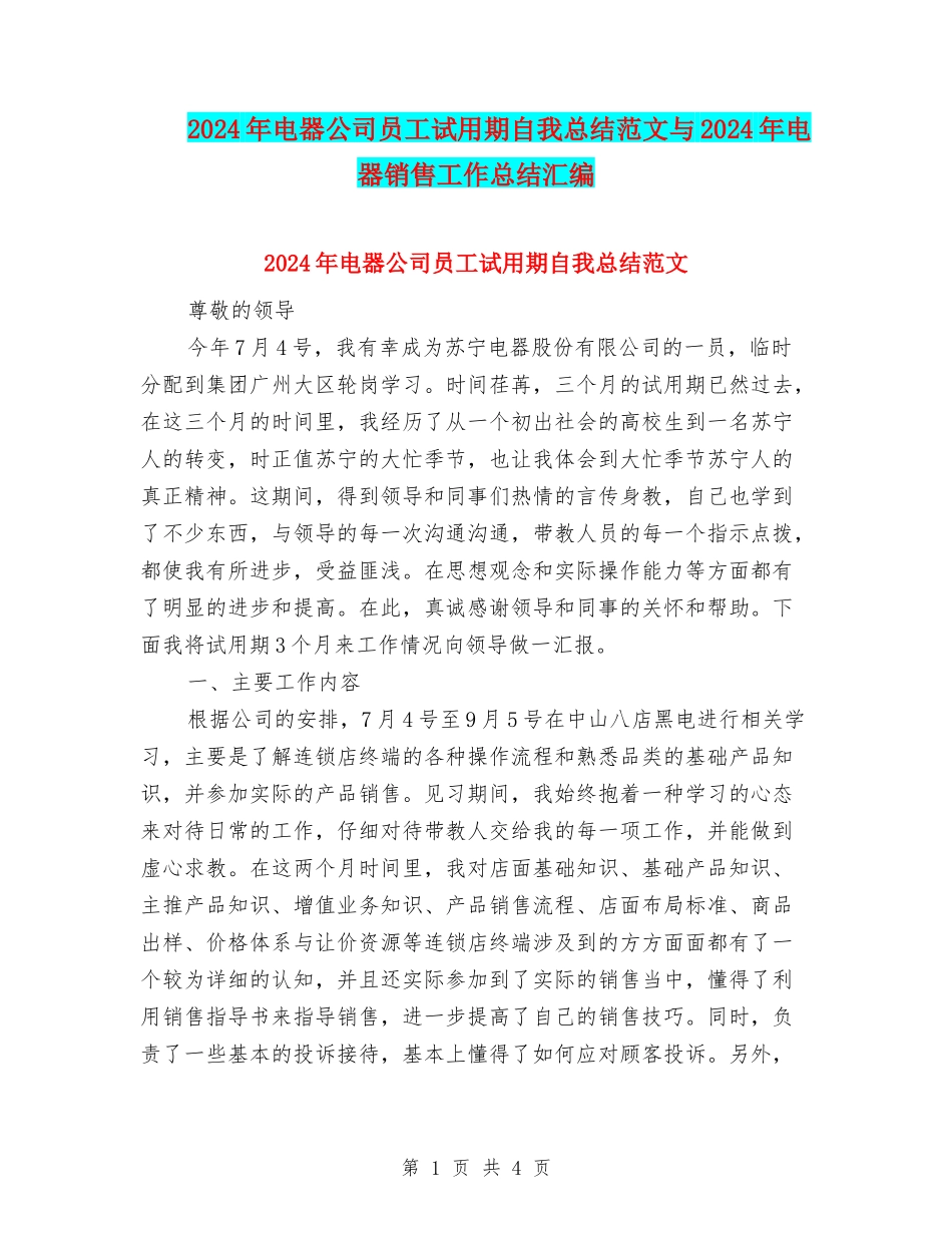 2024年电器公司员工试用期自我总结范文与2024年电器销售工作总结汇编_第1页