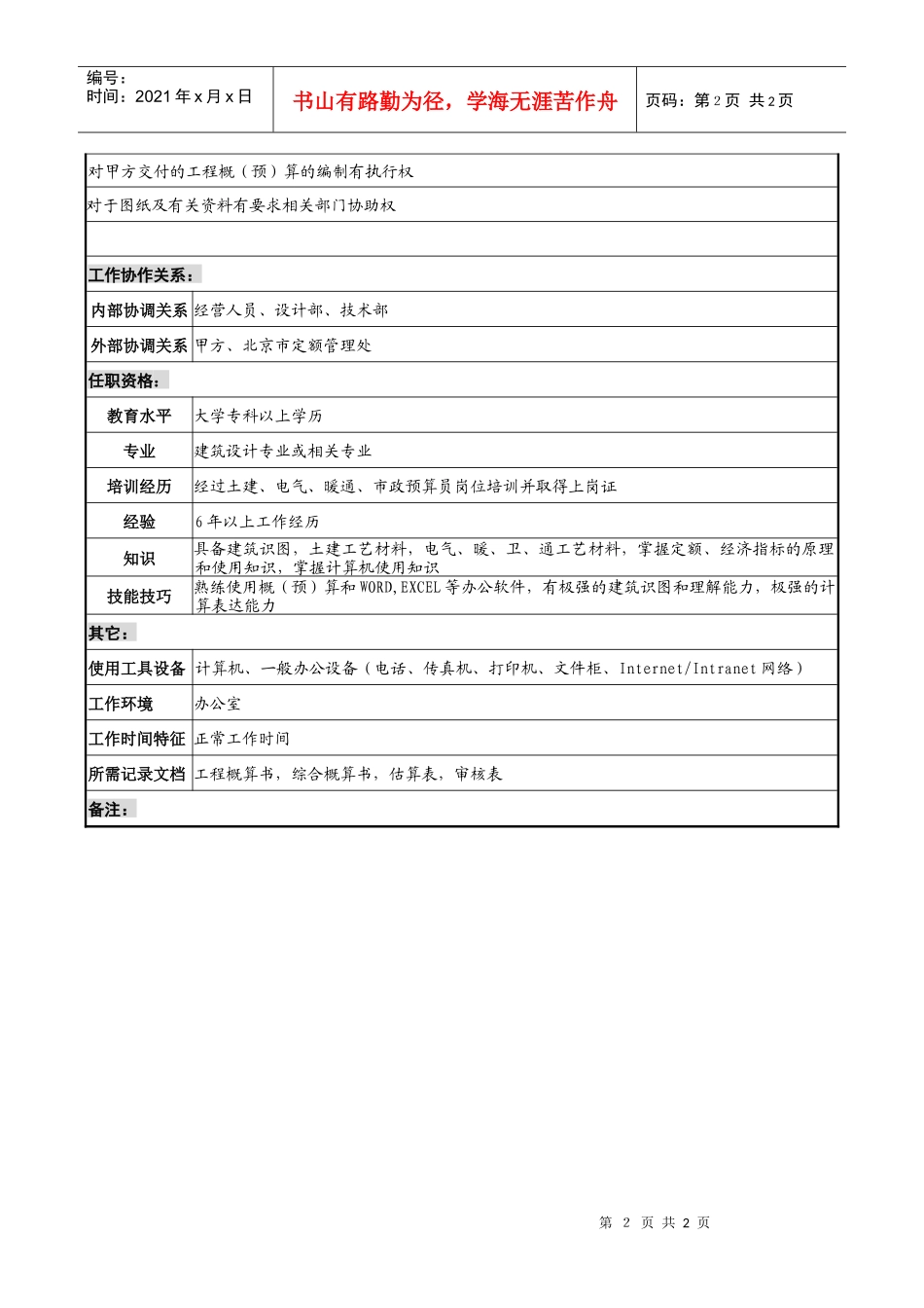 设计行业-项目部-概预算岗位说明书_第2页