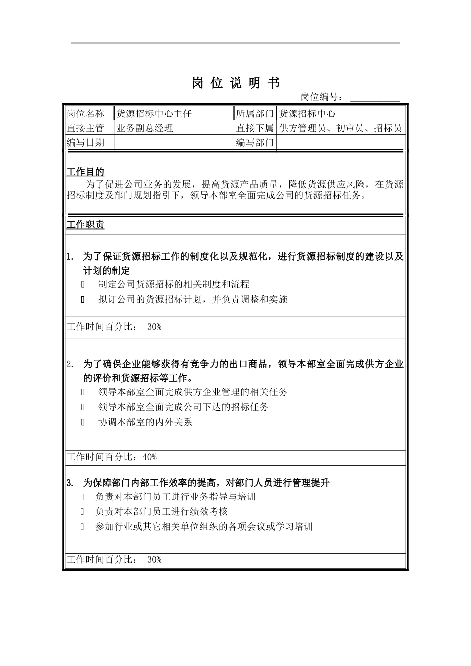 货源招标中心主任岗位说明书_第1页