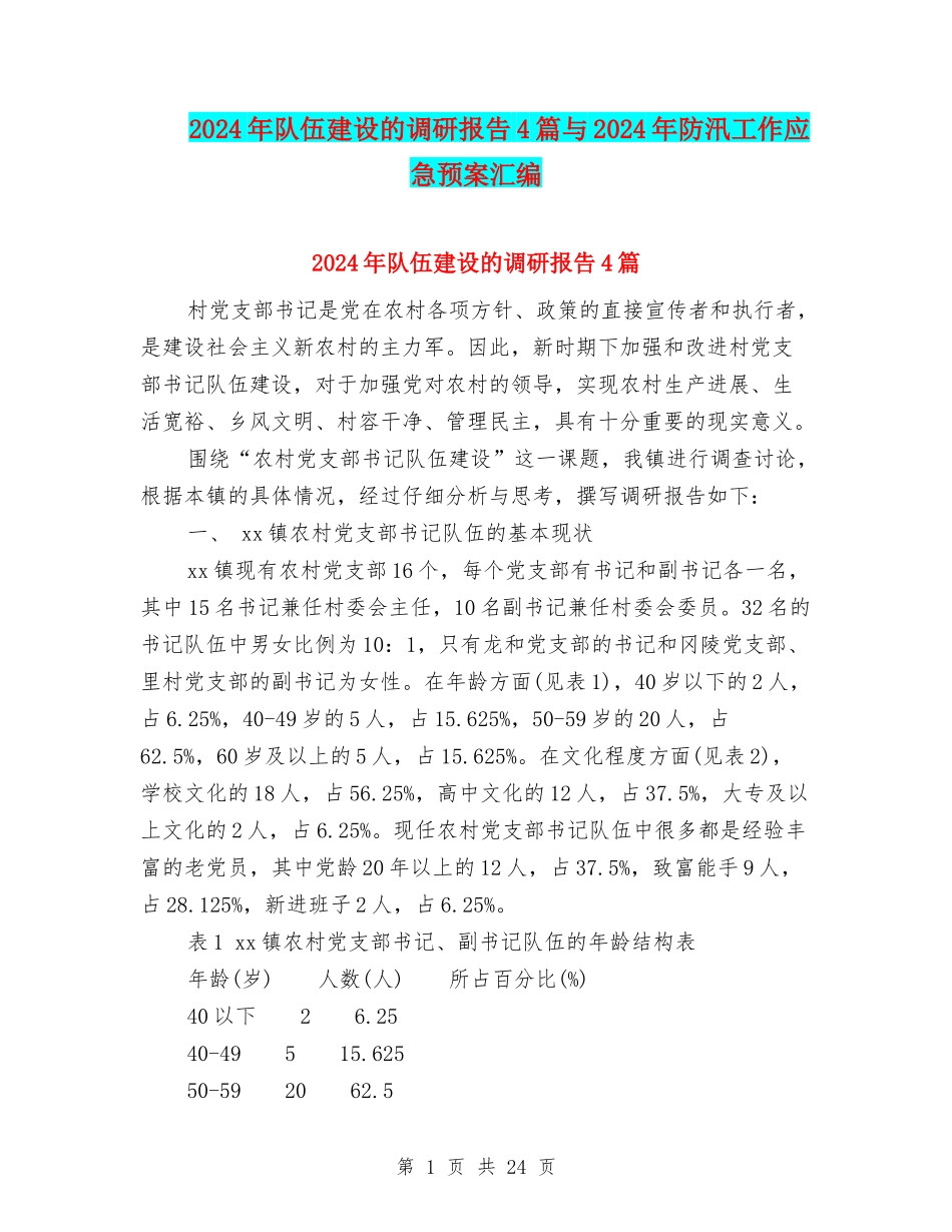 2024年队伍建设的调研报告4篇与2024年防汛工作应急预案汇编_第1页