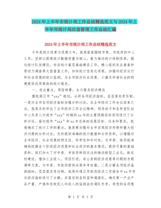 2024年上半年市统计局工作总结精选范文与2024年上半年市统计局应急管理工作总结汇编