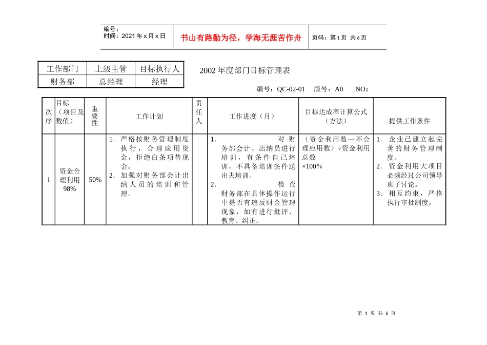 财务部年度部门目标管理表_第1页