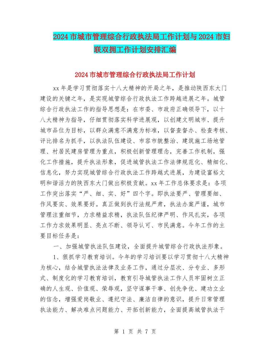2024市城市管理综合行政执法局工作计划与2024市妇联双拥工作计划安排汇编_第1页