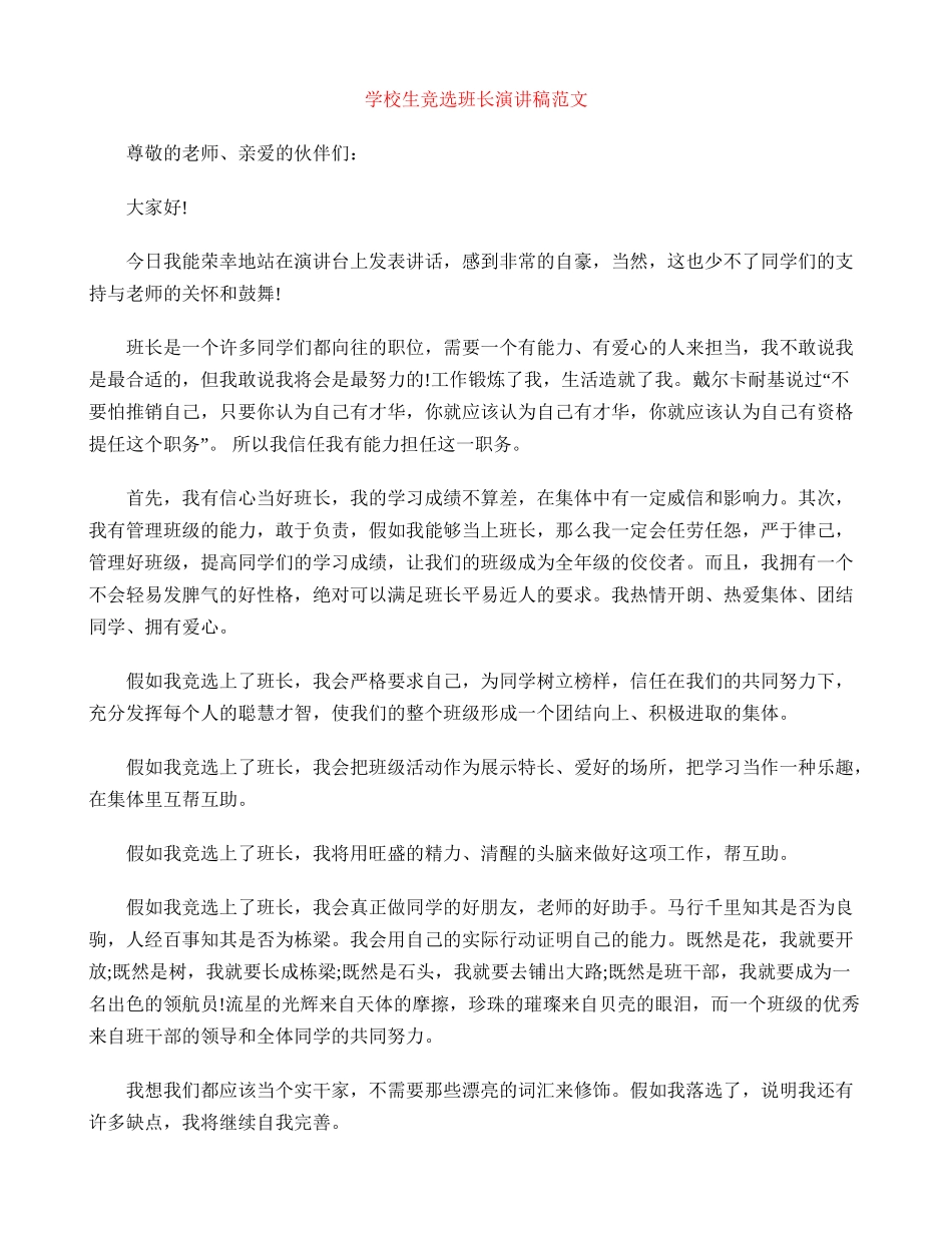 初中生竞选班长演讲稿范文_第1页