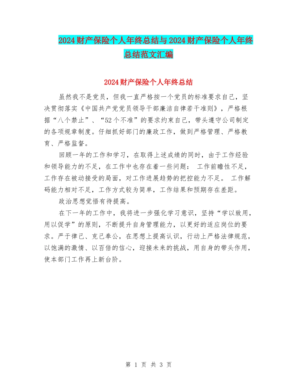 2024财产保险个人年终总结与2024财产保险个人年终总结范文汇编_第1页