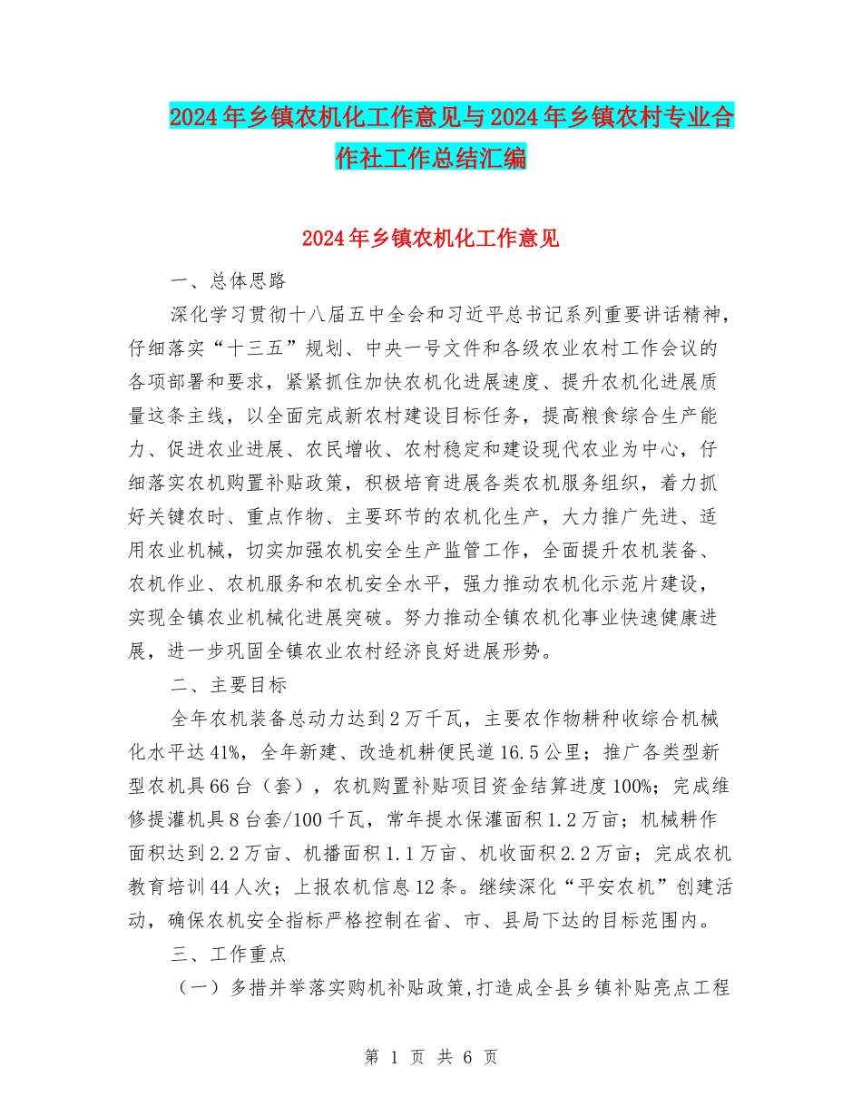 2024年乡镇农机化工作意见与2024年乡镇农村专业合作社工作总结汇编_第1页