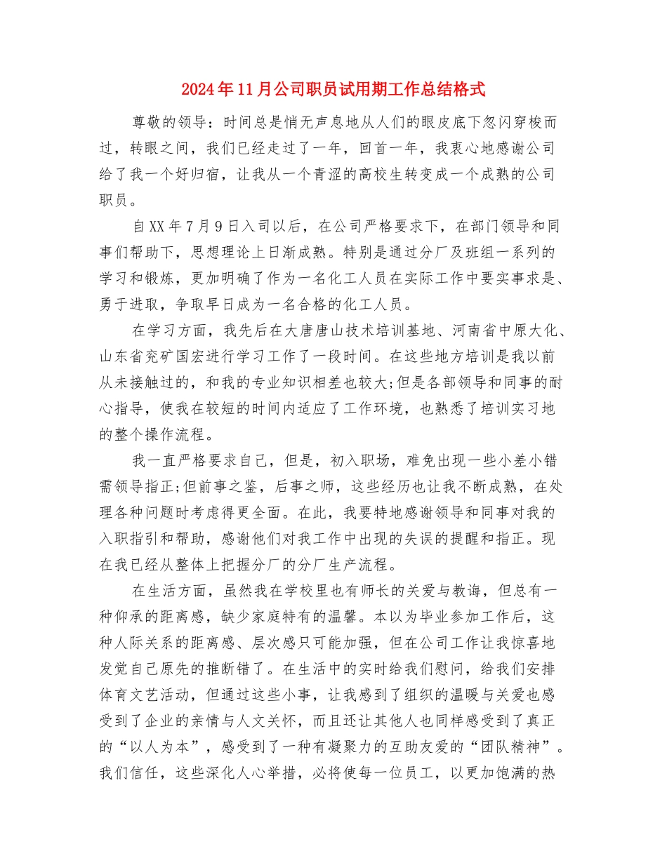 2024年11月公司生产部门工作总结与2024年11月公司职员试用期工作总结格式汇编_第3页