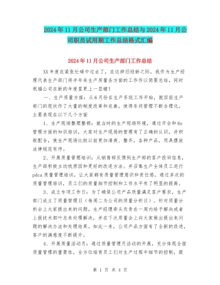 2024年11月公司生产部门工作总结与2024年11月公司职员试用期工作总结格式汇编