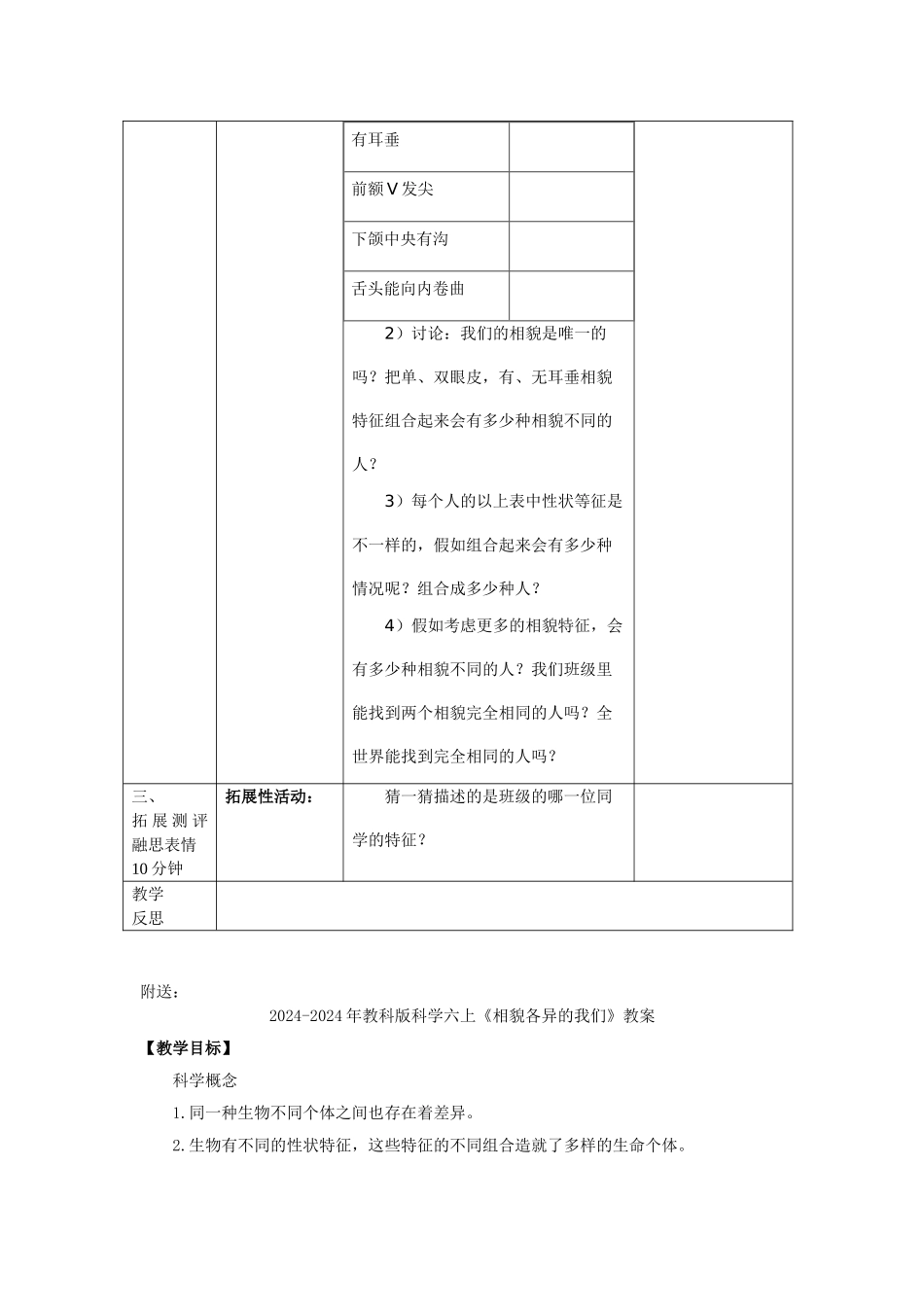 2024-2024年教科版科学六上《相貌各异的我们》教学设计_第2页