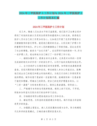 2024年三甲医院护士工作计划与2024年三甲医院护士工作计划范本汇编