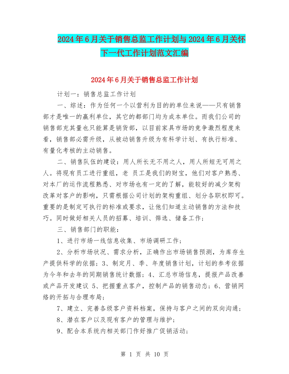 2024年6月关于销售总监工作计划与2024年6月关心下一代工作计划范文汇编_第1页