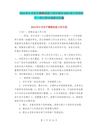 2024年6月关于销售总监工作计划与2024年6月关心下一代工作计划范文汇编