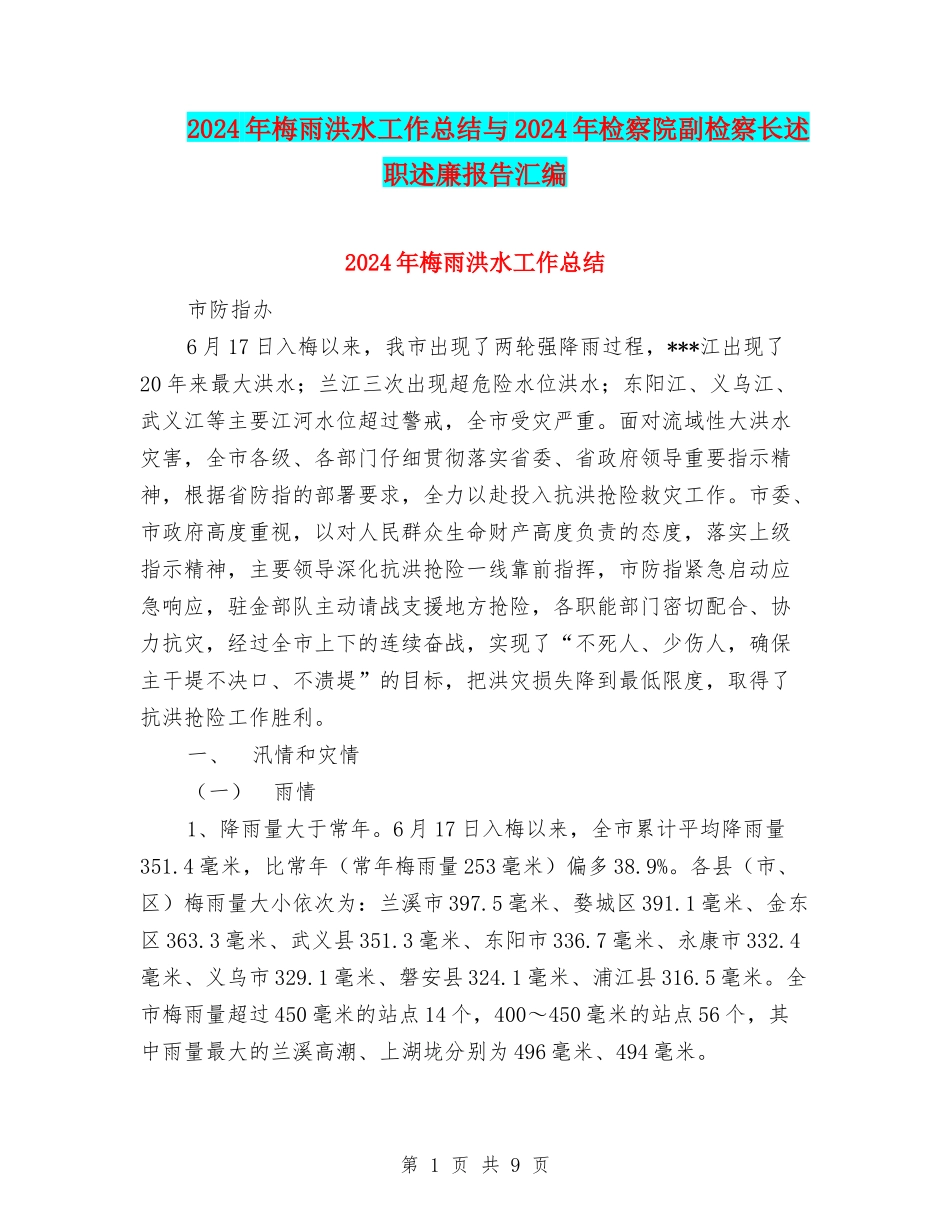 2024年梅雨洪水工作总结与2024年检察院副检察长述职述廉报告汇编_第1页