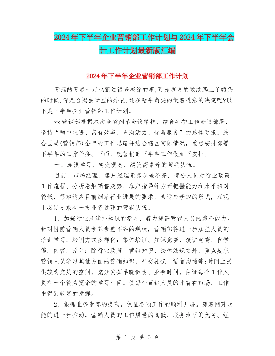 2024年下半年企业营销部工作计划与2024年下半年会计工作计划最新版汇编_第1页