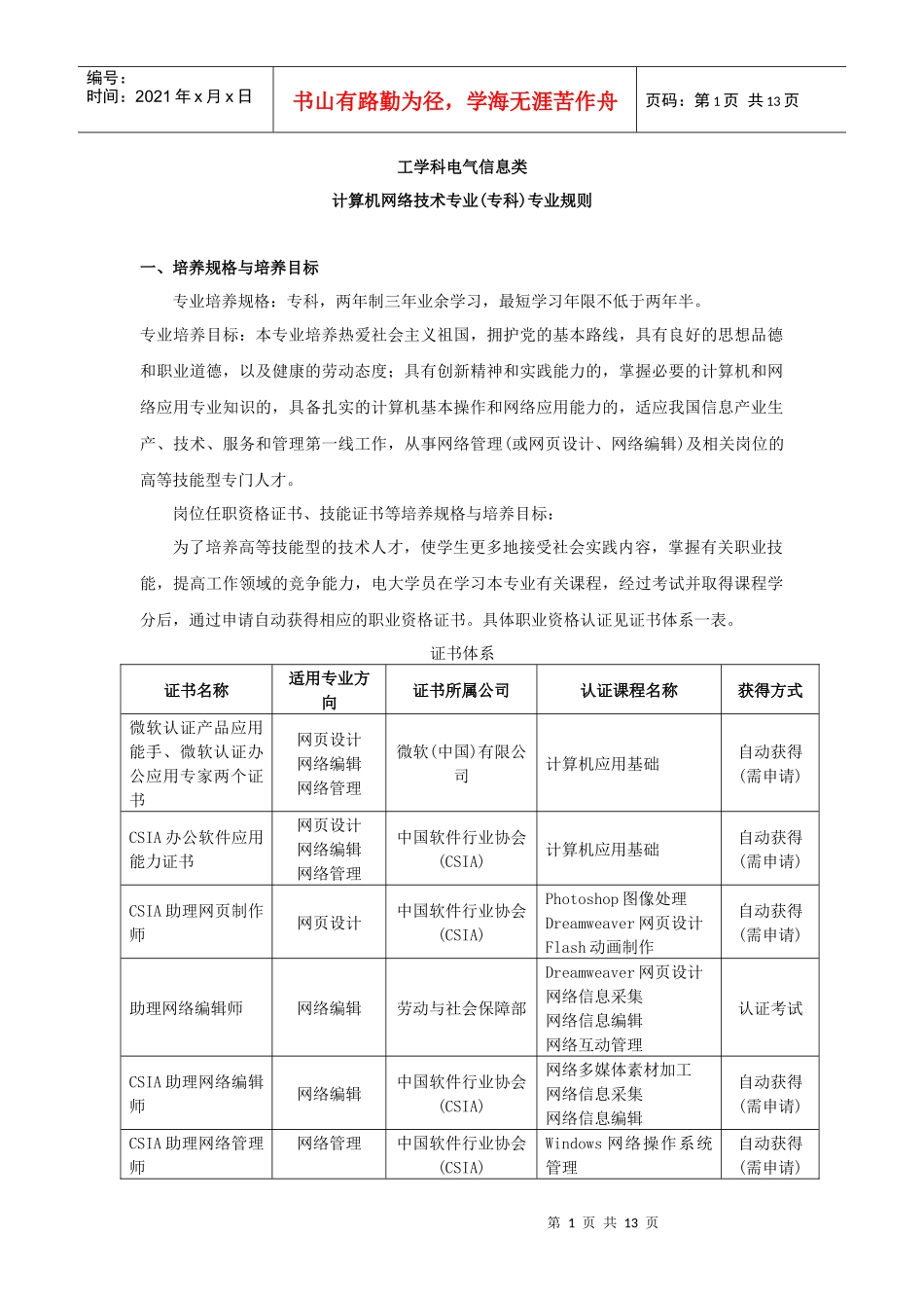计算机网络技术专业(专科)专业规则-执行性_第1页