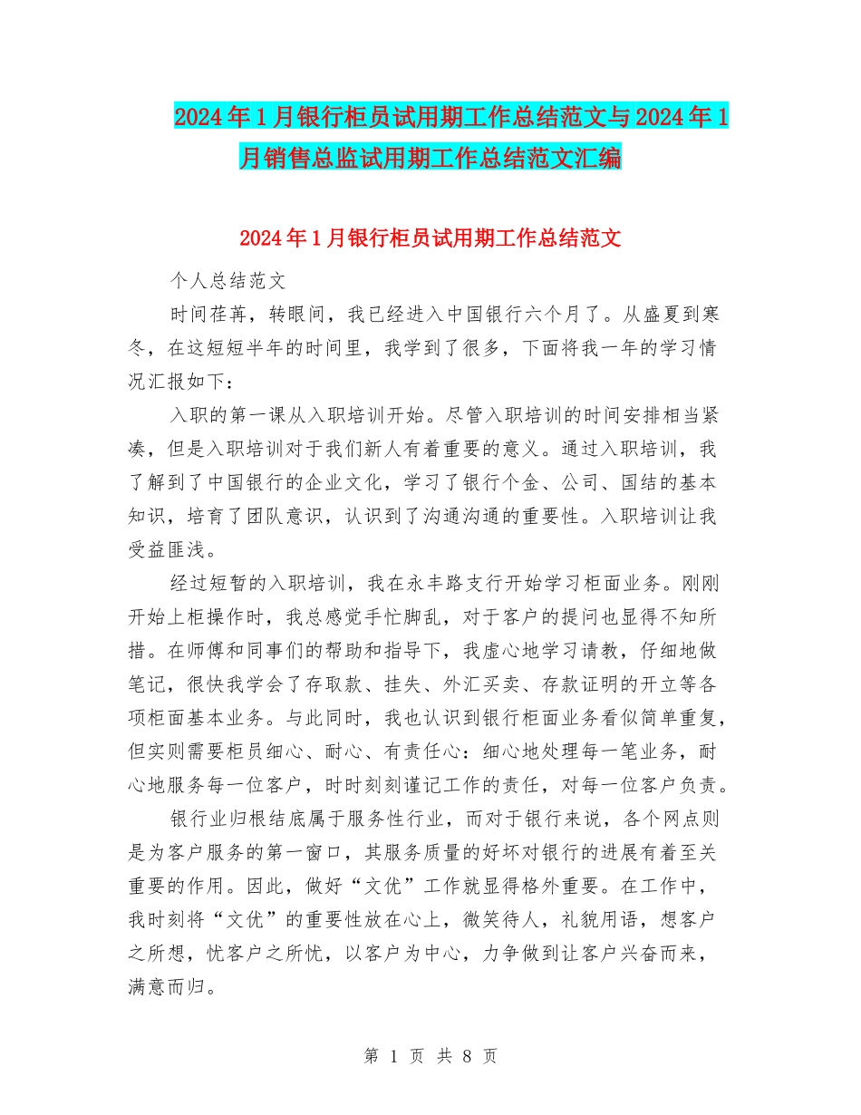 2024年1月银行柜员试用期工作总结范文与2024年1月销售总监试用期工作总结范文汇编_第1页
