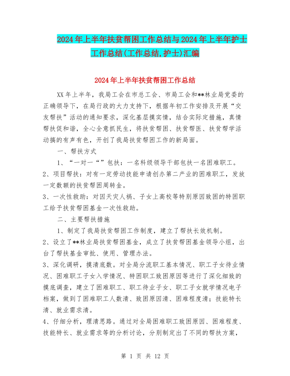 2024年上半年扶贫帮困工作总结与2024年上半年护士工作总结汇编_第1页