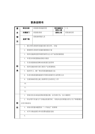 质量检查部副经理岗位说明书
